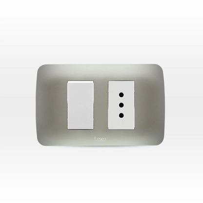 Interruptor Simple 9/12 Mas Toma Corriente 10A 250V Armado Plata Lexo
