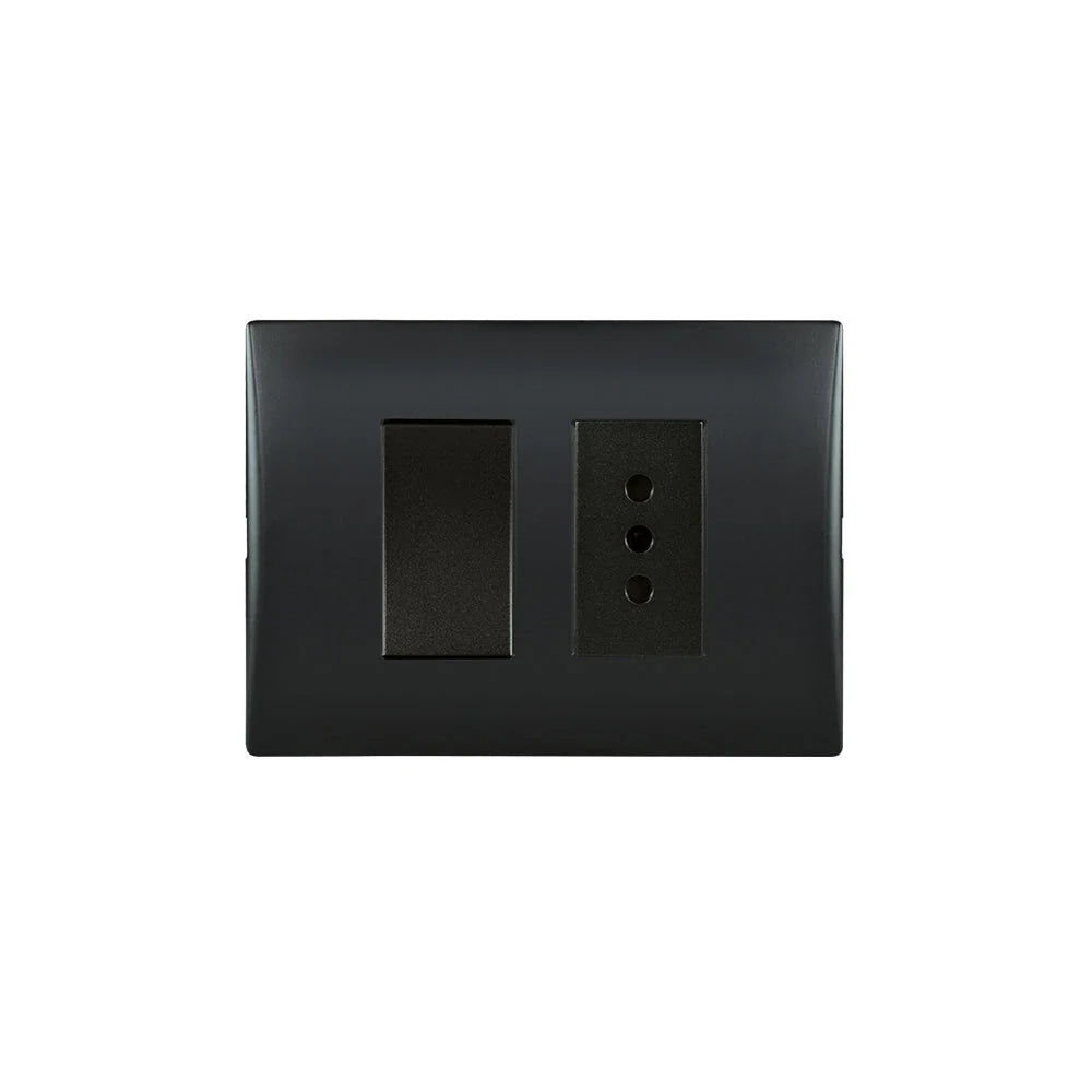 Interruptor Simple 9/12 Mas Toma Corriente 10A 250V Andes Black Armado Lexo