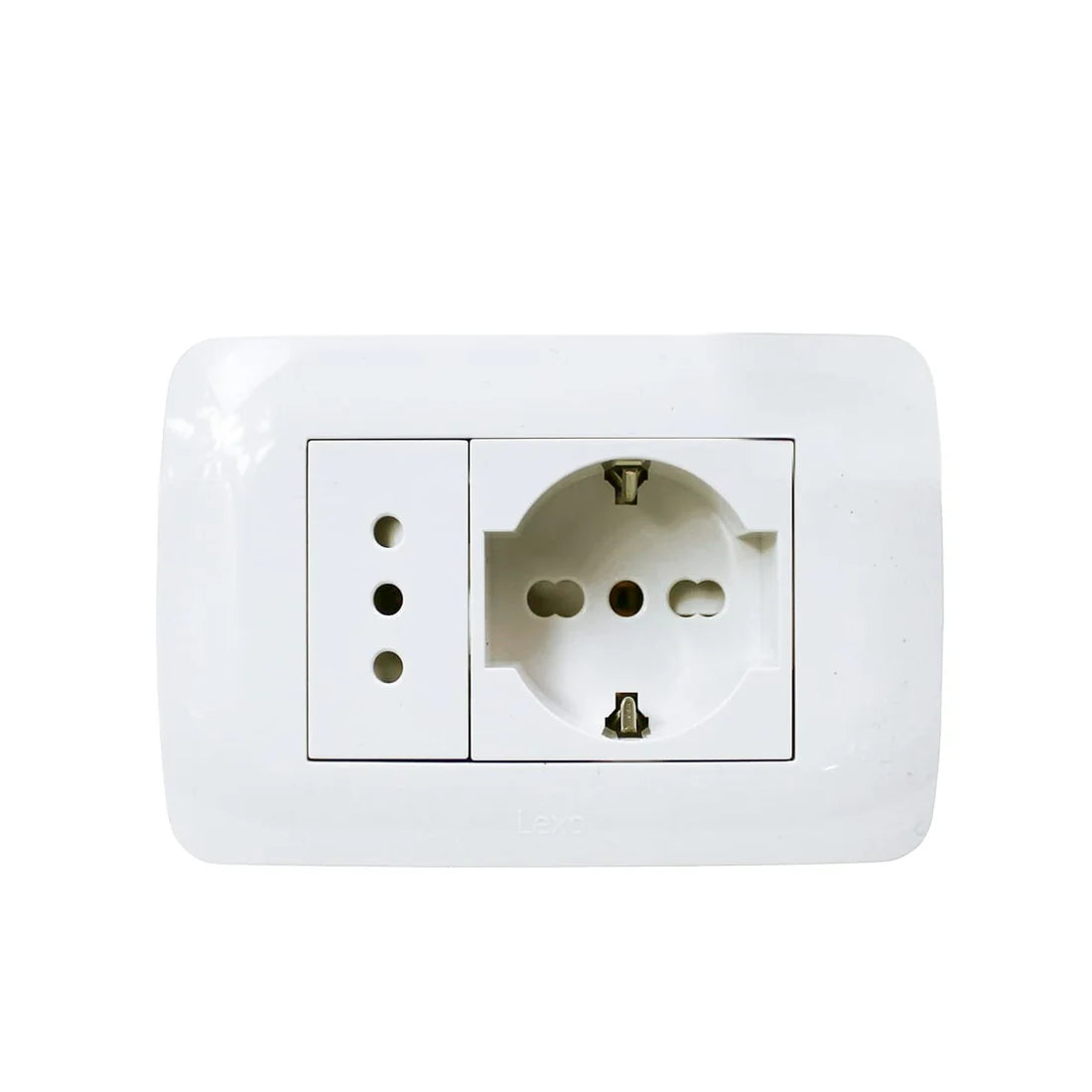 Enchufe Toma Corriente Schuko 10/16 + Toma Corriente 10A 250V Blanco Armado Lexo