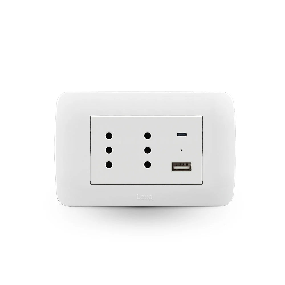 Enchufe Toma Corriente Duplex 10A + 2 USB Blanco Armado Lexo